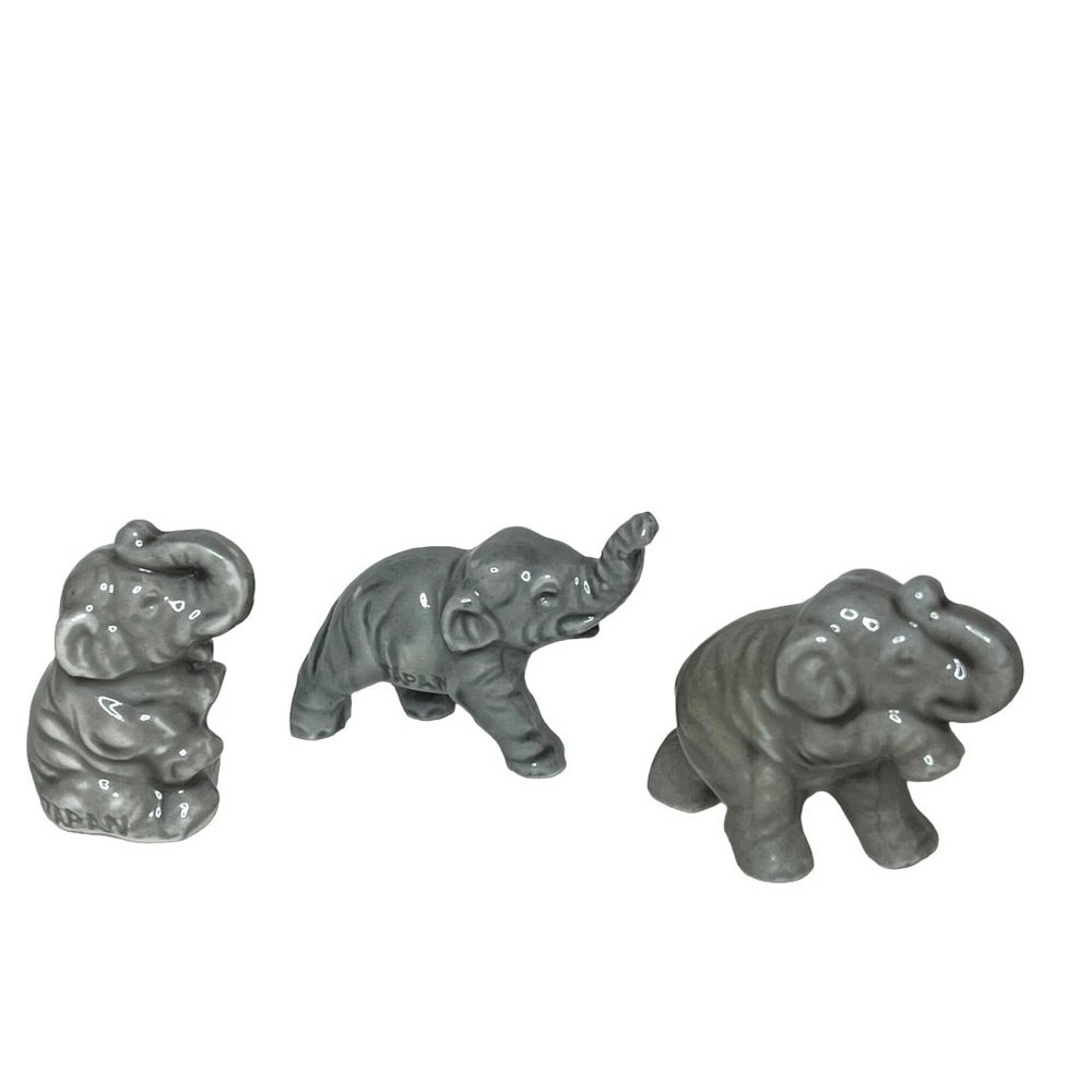 Vintage Group of 3 Gray Ceramic Elephant Figurines Trunks Up Lucky Japan